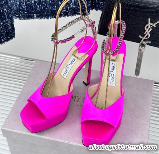 Best Grade Jimmy Choo Saeda Sandal Platform 12.5cm in Satin with Crystals Ankle Strap Neon Pink 0227103