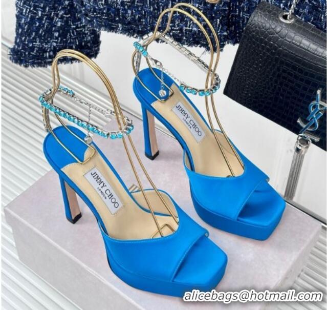 Top Grade Jimmy Choo Saeda Sandal Platform 12.5cm in Satin with Crystals Ankle Strap Blue 0227104