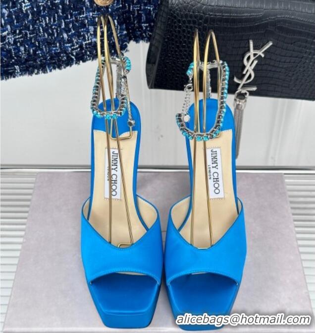 Top Grade Jimmy Choo Saeda Sandal Platform 12.5cm in Satin with Crystals Ankle Strap Blue 0227104