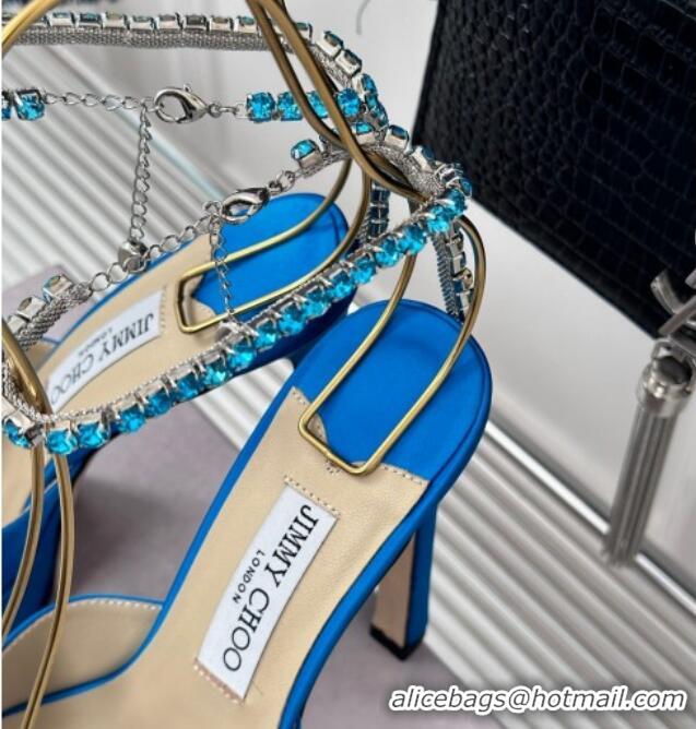 Top Grade Jimmy Choo Saeda Sandal Platform 12.5cm in Satin with Crystals Ankle Strap Blue 0227104