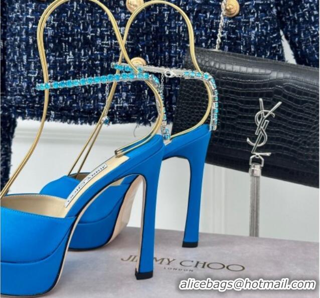 Top Grade Jimmy Choo Saeda Sandal Platform 12.5cm in Satin with Crystals Ankle Strap Blue 0227104