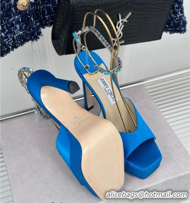 Top Grade Jimmy Choo Saeda Sandal Platform 12.5cm in Satin with Crystals Ankle Strap Blue 0227104