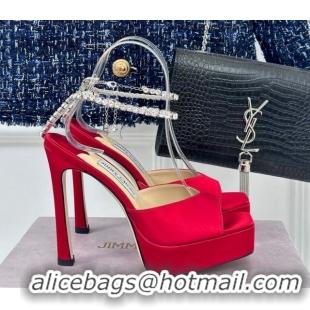 Unique Style Jimmy Choo Saeda Sandal Platform 12.5cm in Satin with Crystals Ankle Strap Red 227105