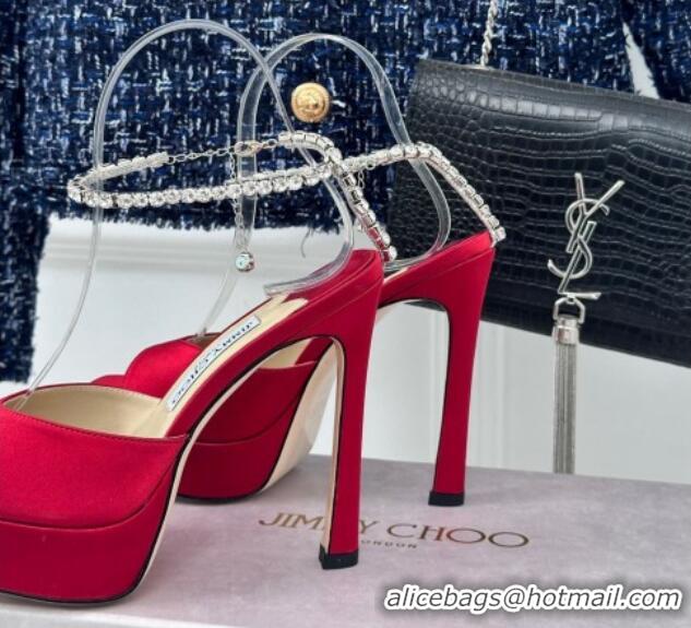 Unique Style Jimmy Choo Saeda Sandal Platform 12.5cm in Satin with Crystals Ankle Strap Red 227105