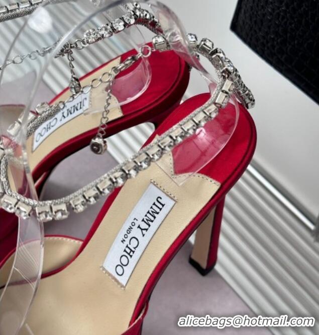 Unique Style Jimmy Choo Saeda Sandal Platform 12.5cm in Satin with Crystals Ankle Strap Red 227105