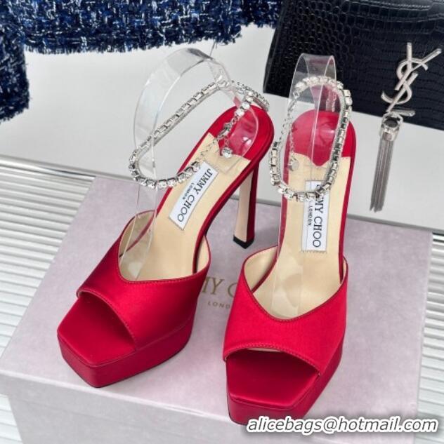 Unique Style Jimmy Choo Saeda Sandal Platform 12.5cm in Satin with Crystals Ankle Strap Red 227105