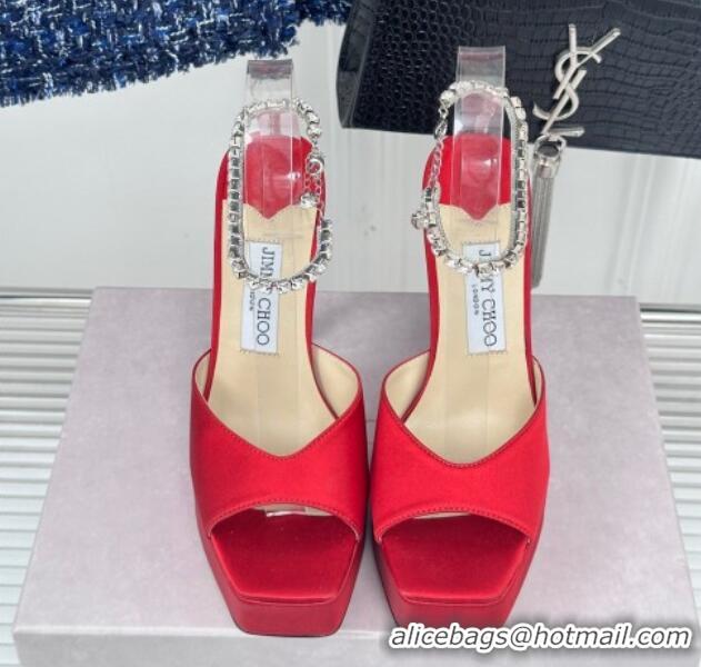 Unique Style Jimmy Choo Saeda Sandal Platform 12.5cm in Satin with Crystals Ankle Strap Red 227105