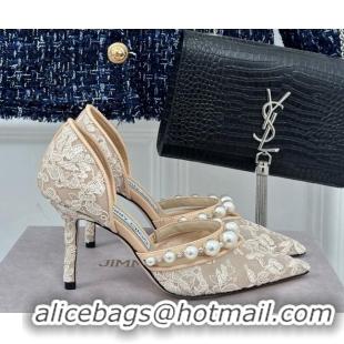 Shop Duplicate Jimmy Choo Aurelie Lace Pumps 8.5cm with Pearls Strap Beige 227107