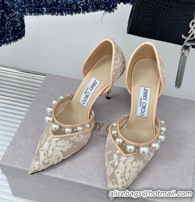 Shop Duplicate Jimmy Choo Aurelie Lace Pumps 8.5cm with Pearls Strap Beige 227107