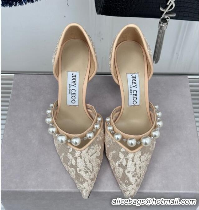 Shop Duplicate Jimmy Choo Aurelie Lace Pumps 8.5cm with Pearls Strap Beige 227107