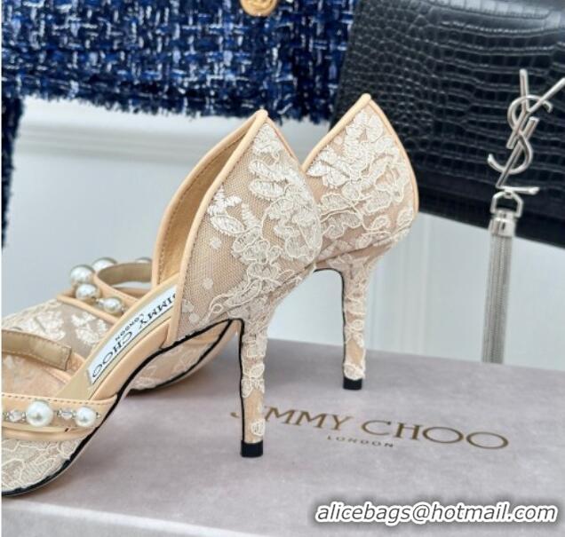 Shop Duplicate Jimmy Choo Aurelie Lace Pumps 8.5cm with Pearls Strap Beige 227107