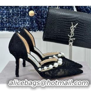 Most Popular Jimmy Choo Aurelie Lace Pumps 8.5cm with Pearls Strap Black 227108