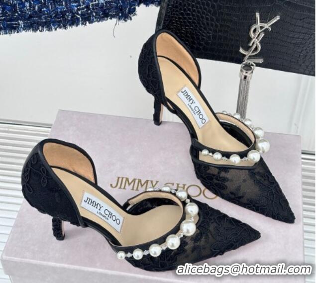 Most Popular Jimmy Choo Aurelie Lace Pumps 8.5cm with Pearls Strap Black 227108