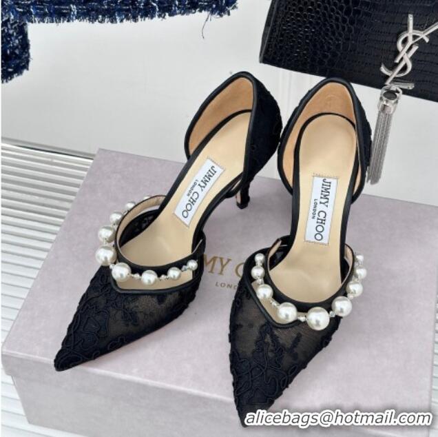 Most Popular Jimmy Choo Aurelie Lace Pumps 8.5cm with Pearls Strap Black 227108