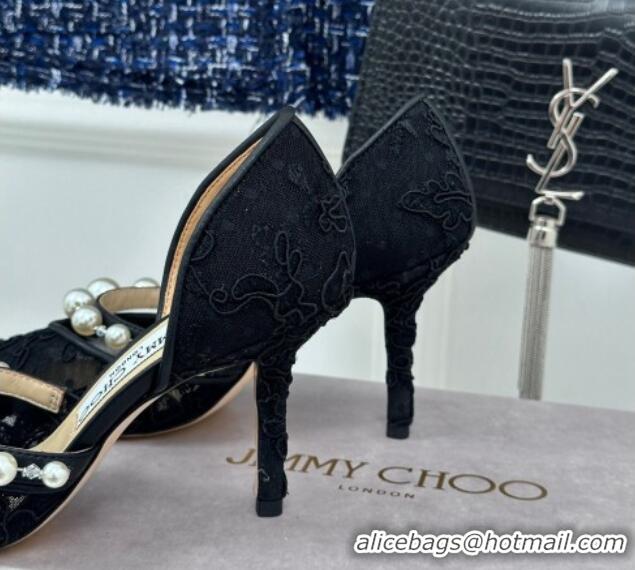 Most Popular Jimmy Choo Aurelie Lace Pumps 8.5cm with Pearls Strap Black 227108