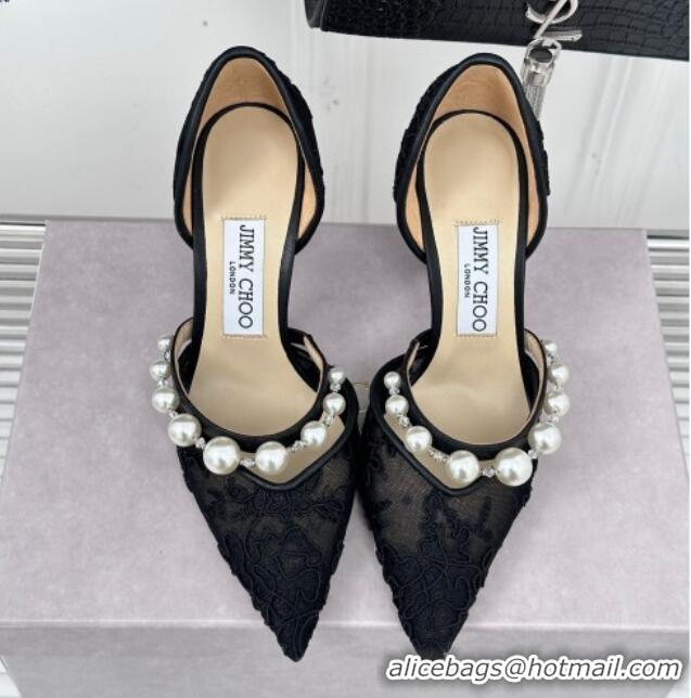 Most Popular Jimmy Choo Aurelie Lace Pumps 8.5cm with Pearls Strap Black 227108