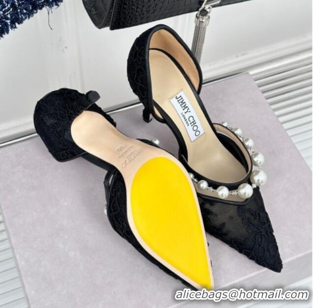 Most Popular Jimmy Choo Aurelie Lace Pumps 8.5cm with Pearls Strap Black 227108