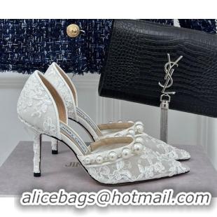 Classic Hot Jimmy Choo Aurelie Lace Pumps 8.5cm with Pearls Strap White 227109