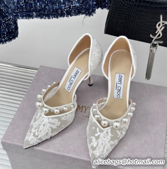 Classic Hot Jimmy Choo Aurelie Lace Pumps 8.5cm with Pearls Strap White 227109