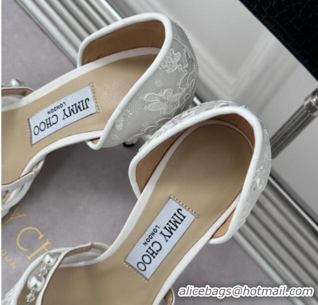 Classic Hot Jimmy Choo Aurelie Lace Pumps 8.5cm with Pearls Strap White 227109