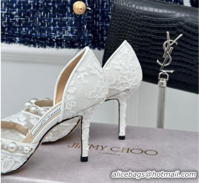 Classic Hot Jimmy Choo Aurelie Lace Pumps 8.5cm with Pearls Strap White 227109