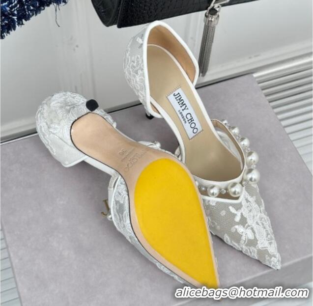 Classic Hot Jimmy Choo Aurelie Lace Pumps 8.5cm with Pearls Strap White 227109