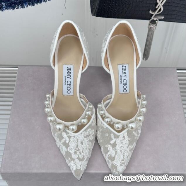 Classic Hot Jimmy Choo Aurelie Lace Pumps 8.5cm with Pearls Strap White 227109