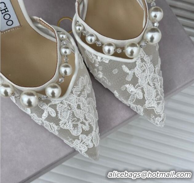 Classic Hot Jimmy Choo Aurelie Lace Pumps 8.5cm with Pearls Strap White 227109