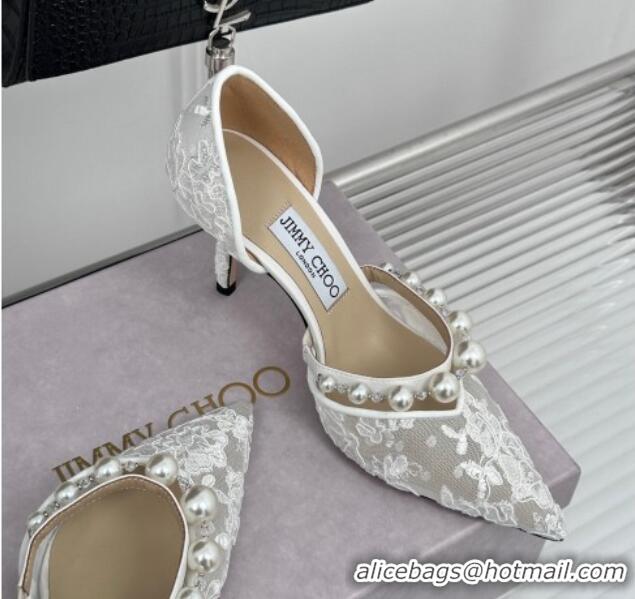 Classic Hot Jimmy Choo Aurelie Lace Pumps 8.5cm with Pearls Strap White 227109