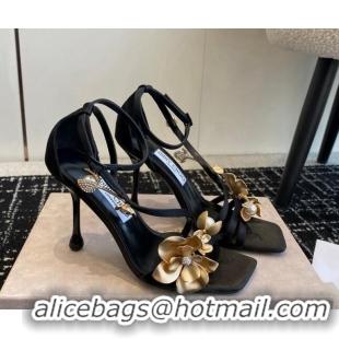 Durable Jimmy Choo Zea Black Satin Sandals 9.5cm with Gold-Tone Metal Flowers 227110