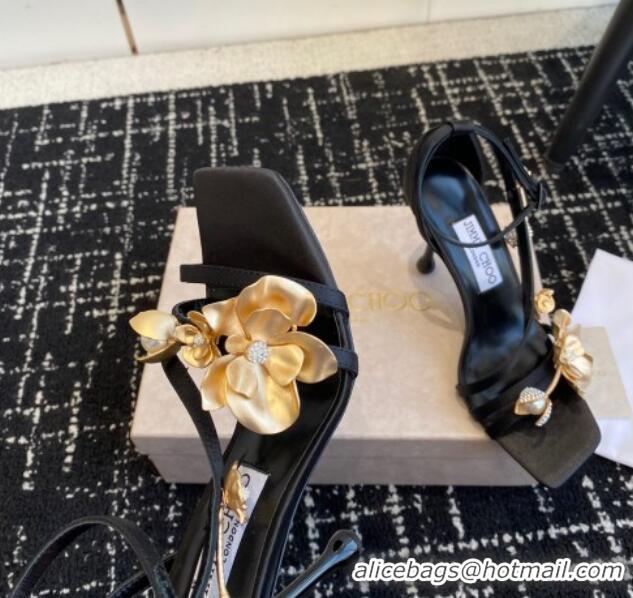 Durable Jimmy Choo Zea Black Satin Sandals 9.5cm with Gold-Tone Metal Flowers 227110