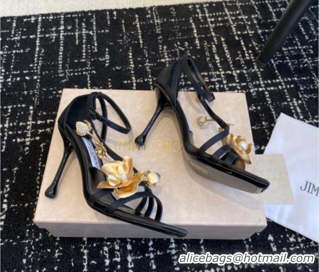 Durable Jimmy Choo Zea Black Satin Sandals 9.5cm with Gold-Tone Metal Flowers 227110