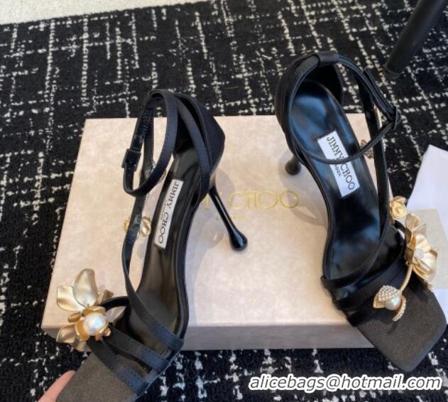 Durable Jimmy Choo Zea Black Satin Sandals 9.5cm with Gold-Tone Metal Flowers 227110