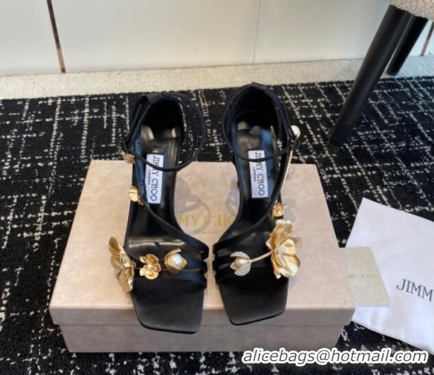 Durable Jimmy Choo Zea Black Satin Sandals 9.5cm with Gold-Tone Metal Flowers 227110