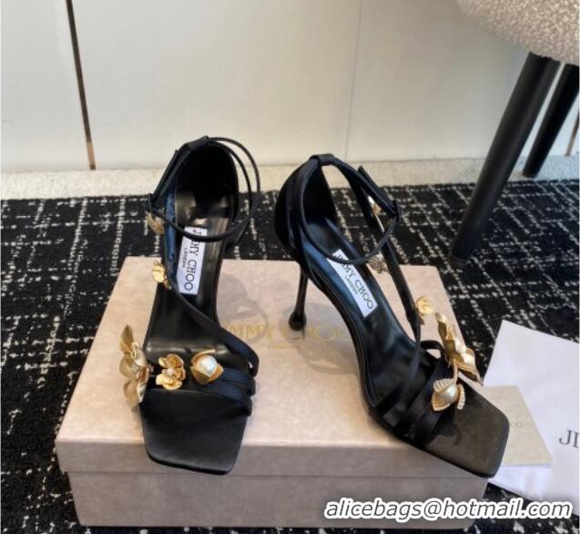 Durable Jimmy Choo Zea Black Satin Sandals 9.5cm with Gold-Tone Metal Flowers 227110