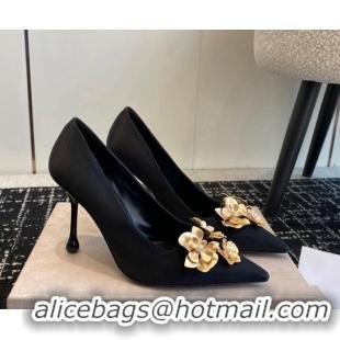 Low Cost Jimmy Choo Ixia Black Satin Pumps 9.5cm with Gold-Tone Metal Flowers 227111