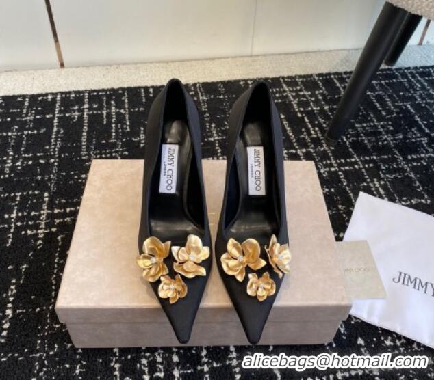 Low Cost Jimmy Choo Ixia Black Satin Pumps 9.5cm with Gold-Tone Metal Flowers 227111