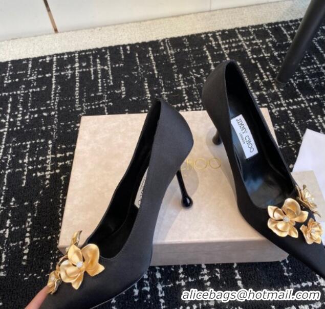 Low Cost Jimmy Choo Ixia Black Satin Pumps 9.5cm with Gold-Tone Metal Flowers 227111