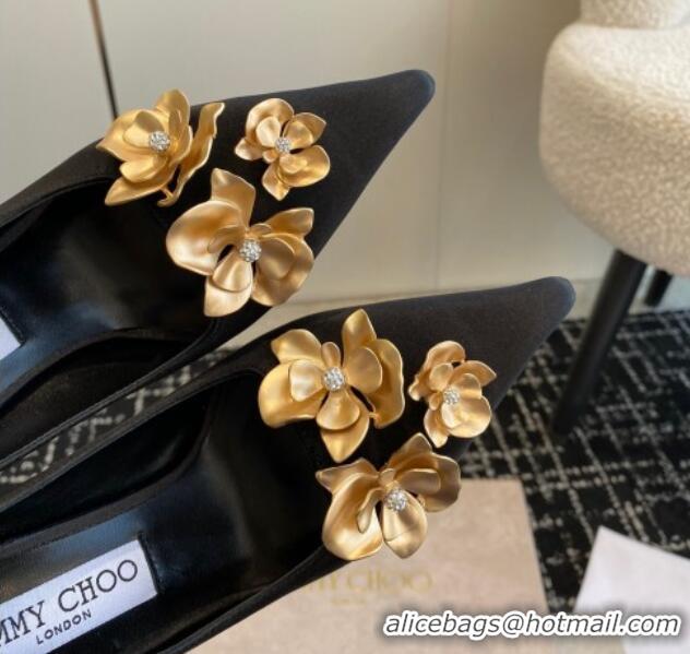 Low Cost Jimmy Choo Ixia Black Satin Pumps 9.5cm with Gold-Tone Metal Flowers 227111