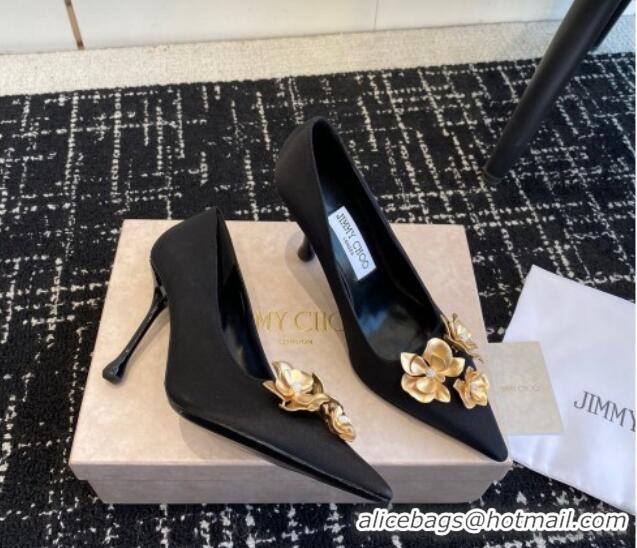 Low Cost Jimmy Choo Ixia Black Satin Pumps 9.5cm with Gold-Tone Metal Flowers 227111