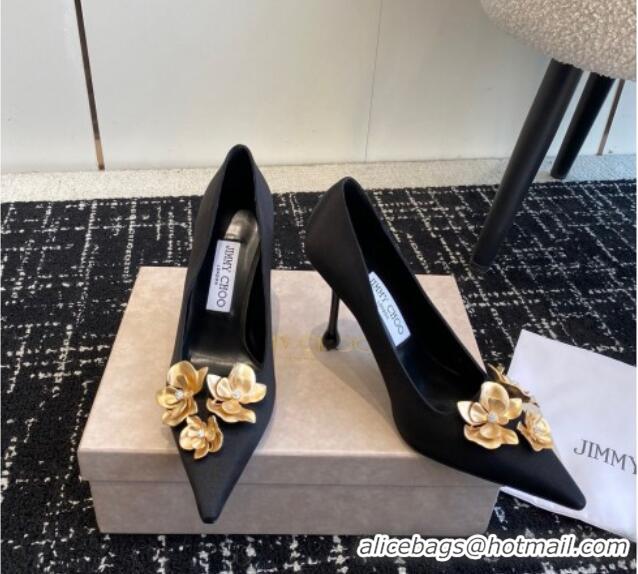 Low Cost Jimmy Choo Ixia Black Satin Pumps 9.5cm with Gold-Tone Metal Flowers 227111