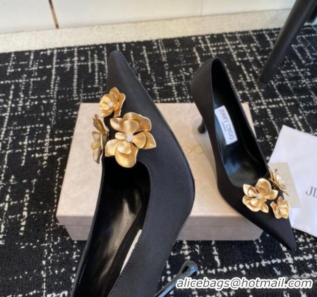 Low Cost Jimmy Choo Ixia Black Satin Pumps 9.5cm with Gold-Tone Metal Flowers 227111