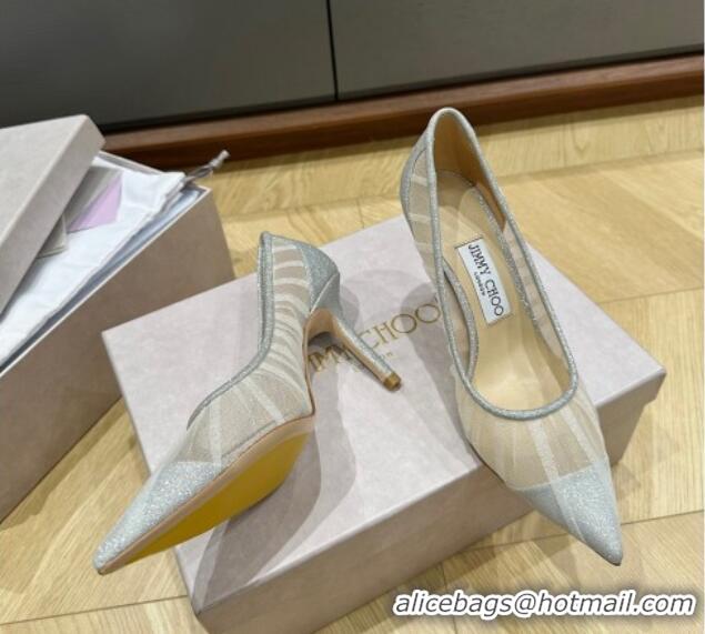 Luxury Jimmy Choo Love Metallic Silver Glitter Fabric Pumps 8.5cm with Ivory Tulle Overlay 227115