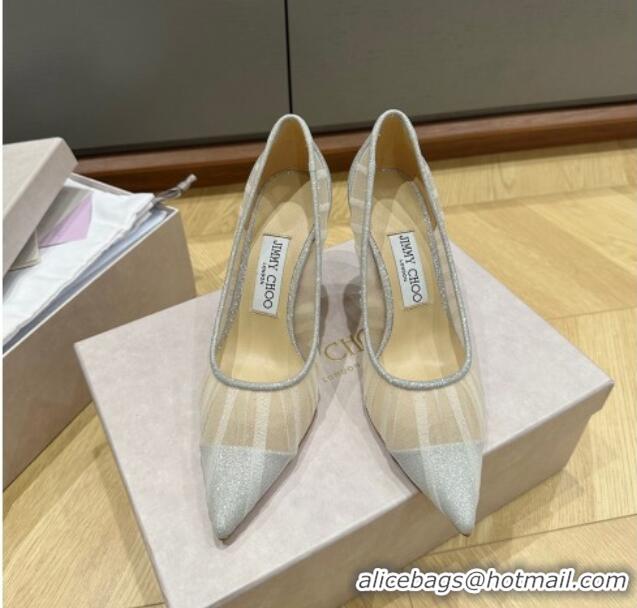 Luxury Jimmy Choo Love Metallic Silver Glitter Fabric Pumps 8.5cm with Ivory Tulle Overlay 227115