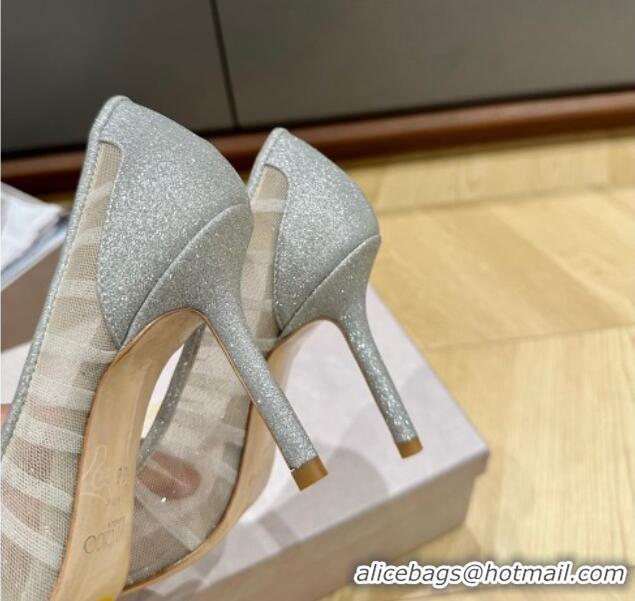 Luxury Jimmy Choo Love Metallic Silver Glitter Fabric Pumps 8.5cm with Ivory Tulle Overlay 227115