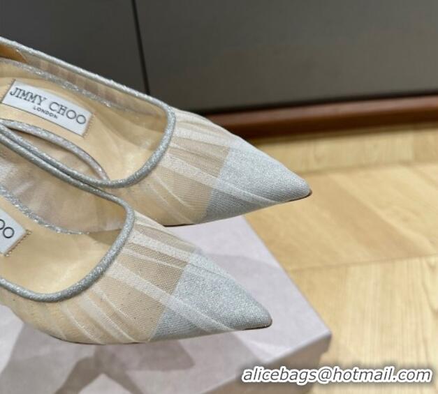 Luxury Jimmy Choo Love Metallic Silver Glitter Fabric Pumps 8.5cm with Ivory Tulle Overlay 227115