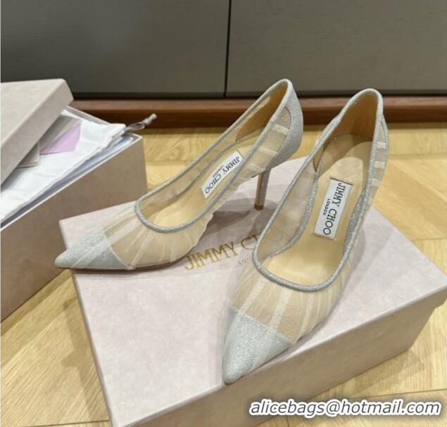 Luxury Jimmy Choo Love Metallic Silver Glitter Fabric Pumps 8.5cm with Ivory Tulle Overlay 227115