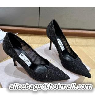 Fashion Jimmy Choo Love Metallic Black Glitter Fabric Pumps 8.5cm 227117