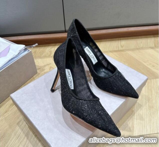 Fashion Jimmy Choo Love Metallic Black Glitter Fabric Pumps 8.5cm 227117