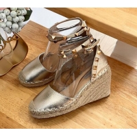 Grade Quality Valentino Metallic Grained Leather Rockstud Wedge Pumps 9.5cm Light Gold 0125081